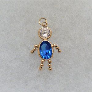 Vintage Designer 14K Yellow Gold Blue And Clear White CZ Son Boy Pendant Charm